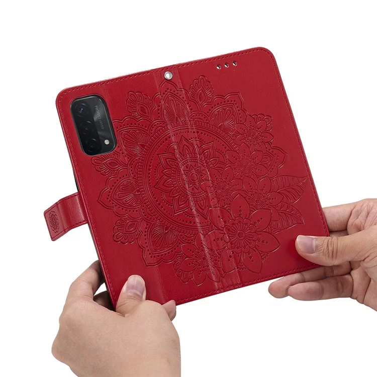 PU Lederabdruck Blumen Muster Brieftasche Telefonständer Mit Lanyard Für Oppo A93 5G (chinesische Version)/A74 5G/A54 5G - Rot