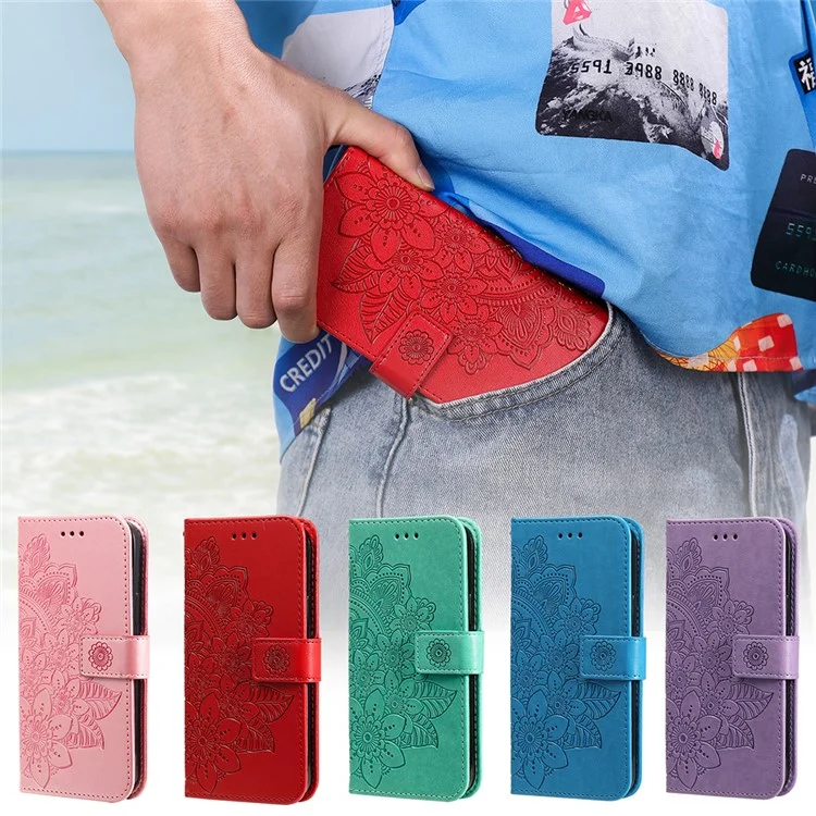 PU Lederabdruck Blumen Muster Brieftasche Telefonständer Mit Lanyard Für Oppo A93 5G (chinesische Version)/A74 5G/A54 5G - Rot