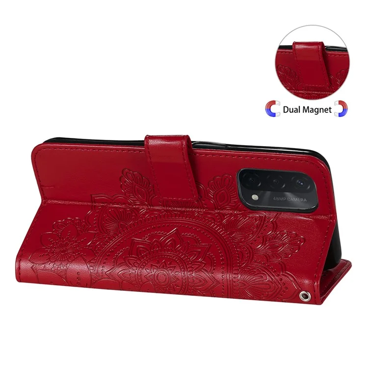PU Lederabdruck Blumen Muster Brieftasche Telefonständer Mit Lanyard Für Oppo A93 5G (chinesische Version)/A74 5G/A54 5G - Rot