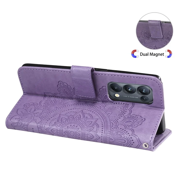 Impressum Blumen Muster PU Leder Telefon Brieftasche Hülle Mit Lanyard Für Oppo Finden X3 Neo/reno5 Pro+ 5g - Violett
