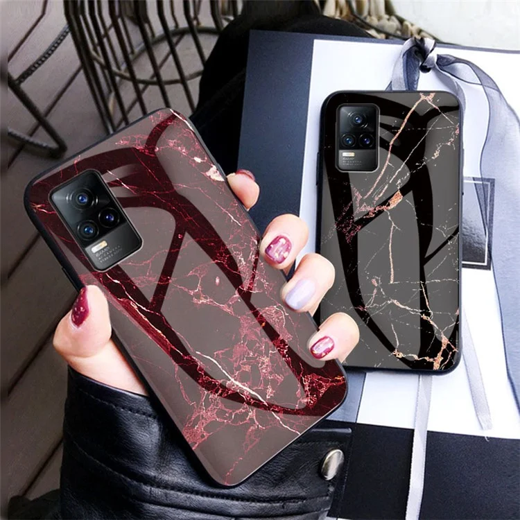 Shock-Proof Marbling Pattern Tempered Glass Cell Phone Cover for vivo V21e 4G / Y73 2021 - Emerald Marble