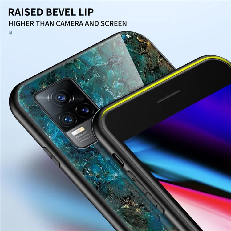 Shock-Proof Marbling Pattern Tempered Glass Cell Phone Cover for vivo V21e 4G / Y73 2021 - Emerald Marble