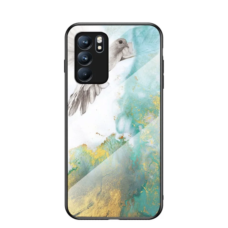Marbling Pattern Tempered Glass Shock-Proof Cell Phone Cover for Oppo Reno6 5G - Flying Pigeon Marble