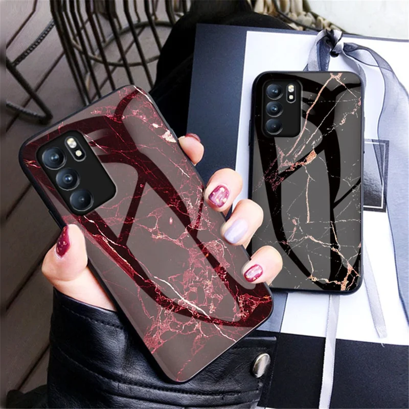 Marbling Pattern Tempered Glass Shock-Proof Cell Phone Cover for Oppo Reno6 5G - Flying Pigeon Marble