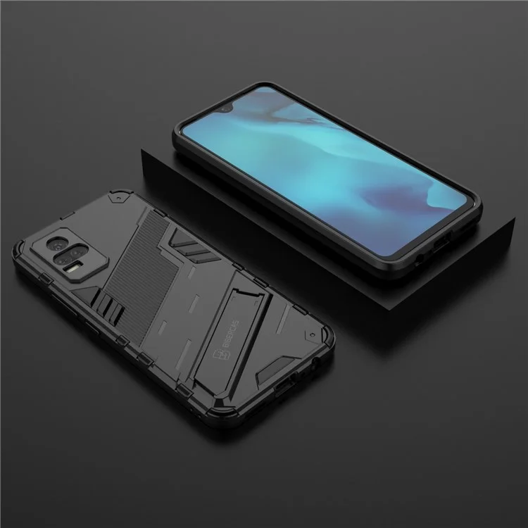 Kickstand Dust-Proof Rugged Dual Layer Hybrid Hard PC Soft TPU Shockproof Protective Case for vivo V21e 4G / Y73 (2021) - Black