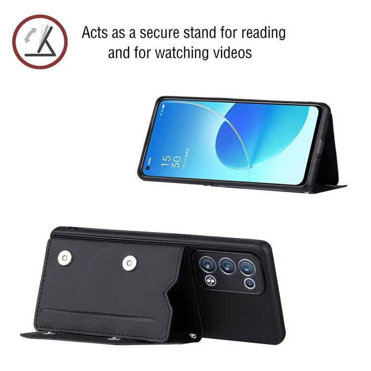 Ledertelefonständerfallrückseitenkartensteckplatzdesign-abdeckung mit Schultergurt für Oppo Reno6 Pro+ 5G/Pro 5G (Snapdragon) - Schwarz