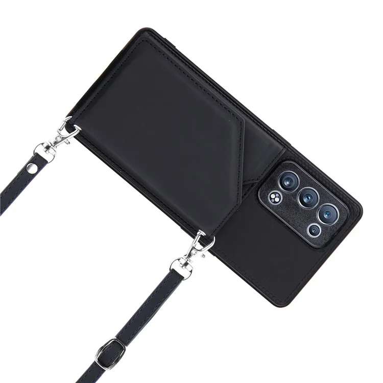 Ledertelefonständerfallrückseitenkartensteckplatzdesign-abdeckung mit Schultergurt für Oppo Reno6 Pro+ 5G/Pro 5G (Snapdragon) - Schwarz
