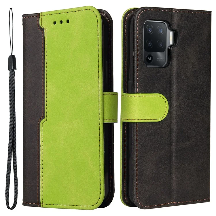 Funda de cartera de piel sintética con cierre magnético y soporte de estilo empresarial de dos colores para Oppo A94 / F19 Pro / Reno5 F / Reno5 Lite - Verde/Negro