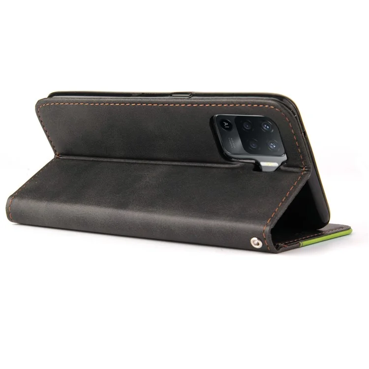 Funda de cartera de piel sintética con cierre magnético y soporte de estilo empresarial de dos colores para Oppo A94 / F19 Pro / Reno5 F / Reno5 Lite - Verde/Negro