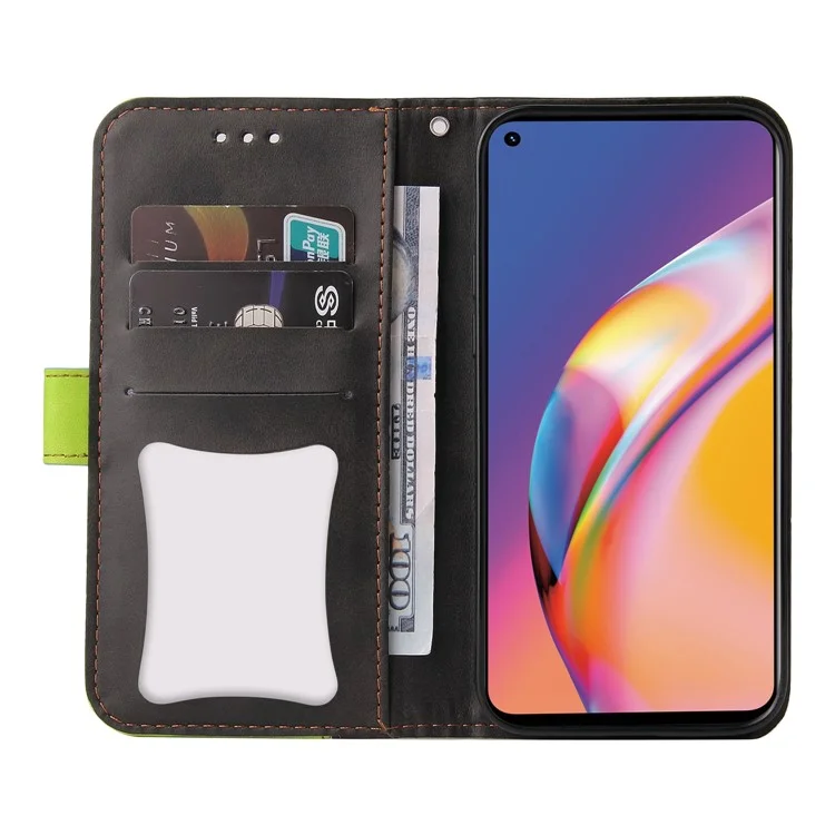 Funda de cartera de piel sintética con cierre magnético y soporte de estilo empresarial de dos colores para Oppo A94 / F19 Pro / Reno5 F / Reno5 Lite - Verde/Negro