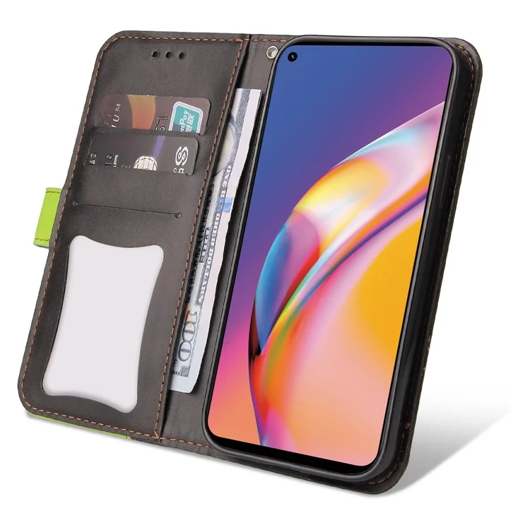 Funda de cartera de piel sintética con cierre magnético y soporte de estilo empresarial de dos colores para Oppo A94 / F19 Pro / Reno5 F / Reno5 Lite - Verde/Negro