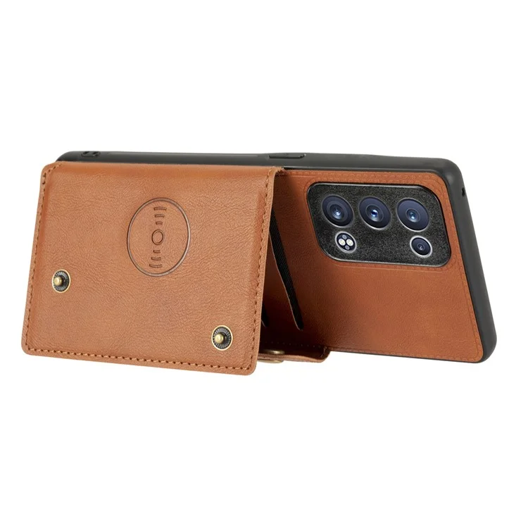 Eingebaute Fahrzeug-Magnetblatt-Kartensteckplätze PU-Leder beschichtete TPU-Hülle für Oppo Reno6 Pro+ 5G/Pro 5G (Snapdragon) - Braun