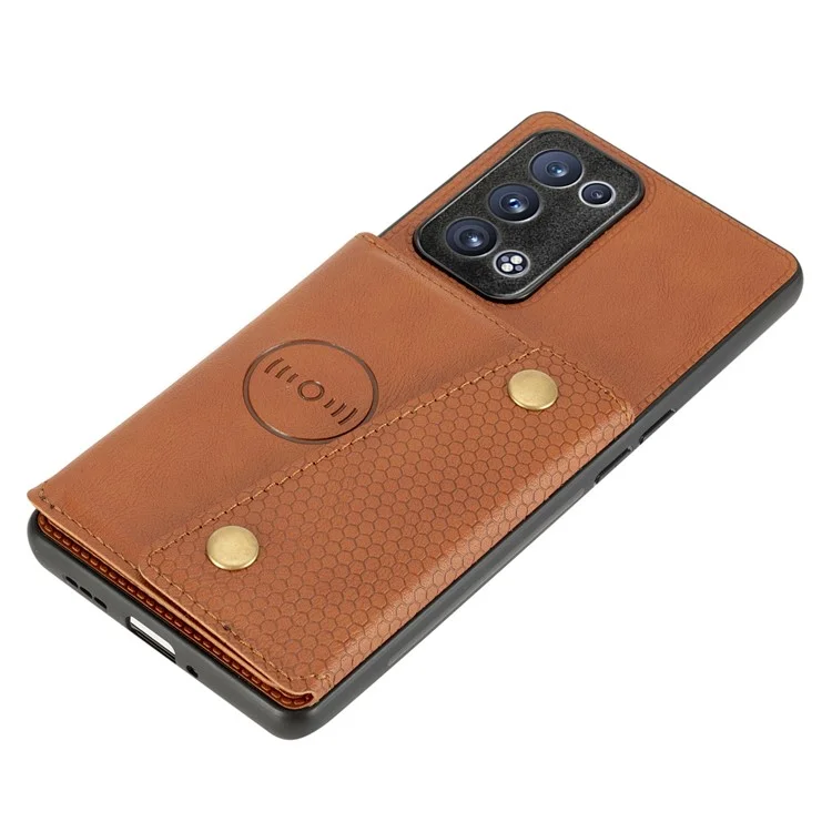 Eingebaute Fahrzeug-Magnetblatt-Kartensteckplätze PU-Leder beschichtete TPU-Hülle für Oppo Reno6 Pro+ 5G/Pro 5G (Snapdragon) - Braun