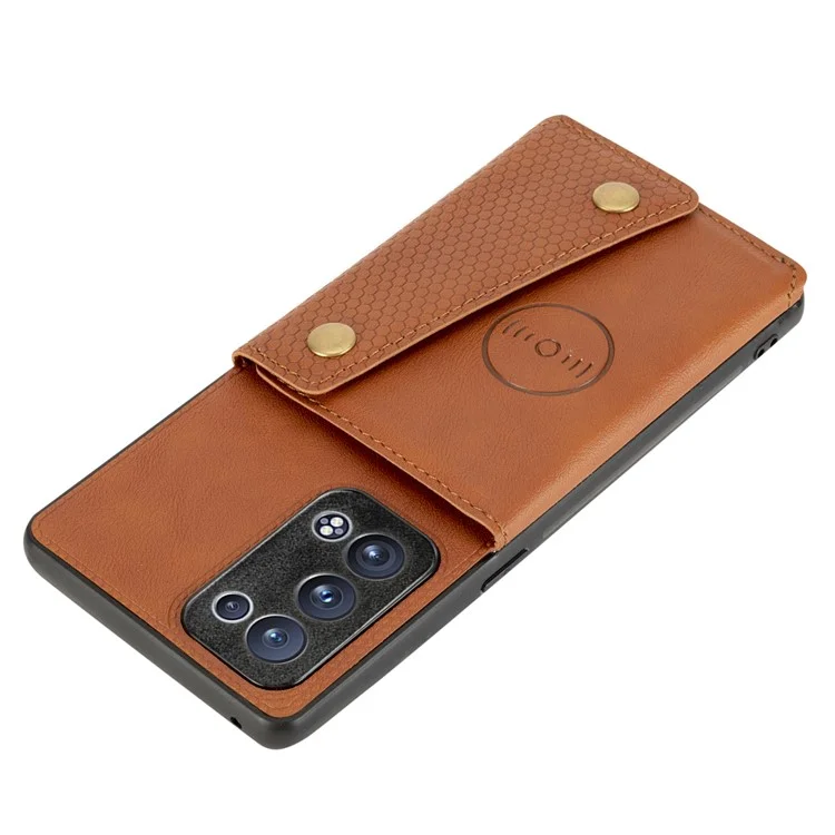Eingebaute Fahrzeug-Magnetblatt-Kartensteckplätze PU-Leder beschichtete TPU-Hülle für Oppo Reno6 Pro+ 5G/Pro 5G (Snapdragon) - Braun