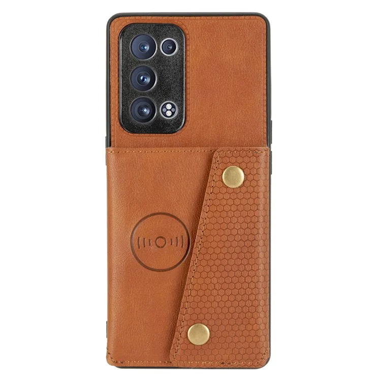 Eingebaute Fahrzeug-Magnetblatt-Kartensteckplätze PU-Leder beschichtete TPU-Hülle für Oppo Reno6 Pro+ 5G/Pro 5G (Snapdragon) - Braun