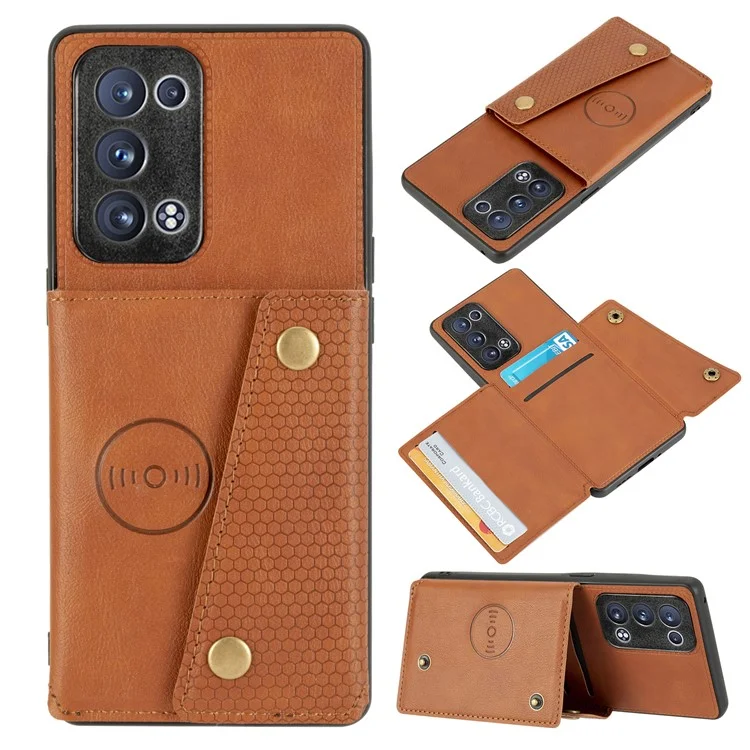 Eingebaute Fahrzeug-Magnetblatt-Kartensteckplätze PU-Leder beschichtete TPU-Hülle für Oppo Reno6 Pro+ 5G/Pro 5G (Snapdragon) - Braun