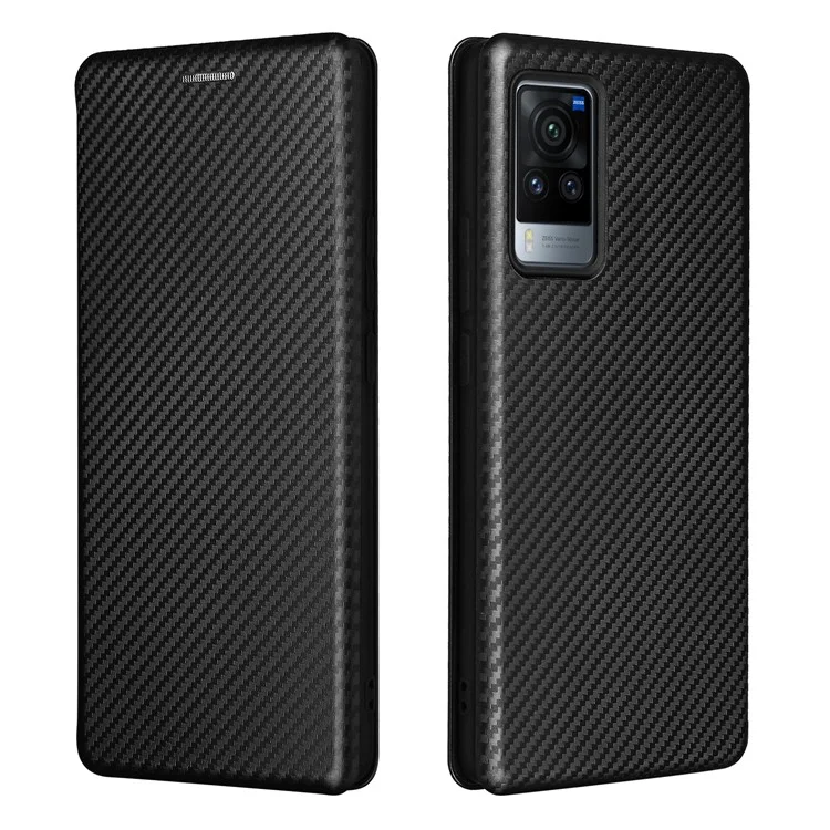 Étui en cuir magnétique résistant aux chocs en fibre de carbone avec fente pour carte et sangle annulaire pour vivo X60 Pro 5G (version mondiale) / X60 5G (version à écran incurvé) - Noir