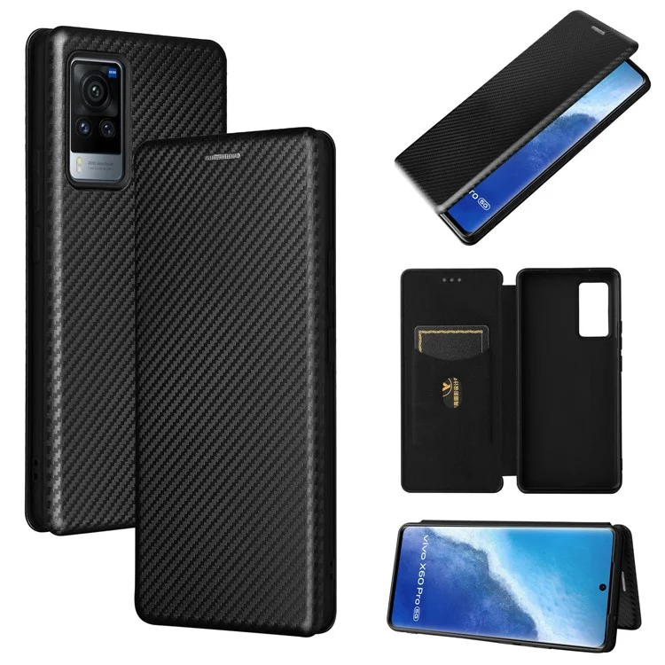 Étui en cuir magnétique résistant aux chocs en fibre de carbone avec fente pour carte et sangle annulaire pour vivo X60 Pro 5G (version mondiale) / X60 5G (version à écran incurvé) - Noir