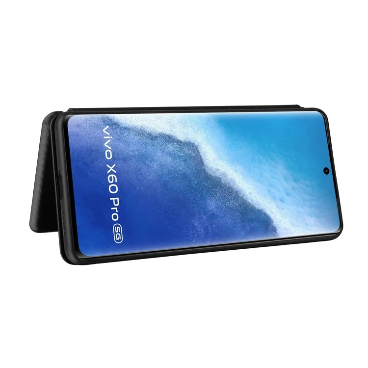 Étui en cuir magnétique résistant aux chocs en fibre de carbone avec fente pour carte et sangle annulaire pour vivo X60 Pro 5G (version mondiale) / X60 5G (version à écran incurvé) - Noir