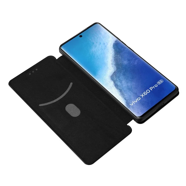Étui en cuir magnétique résistant aux chocs en fibre de carbone avec fente pour carte et sangle annulaire pour vivo X60 Pro 5G (version mondiale) / X60 5G (version à écran incurvé) - Noir