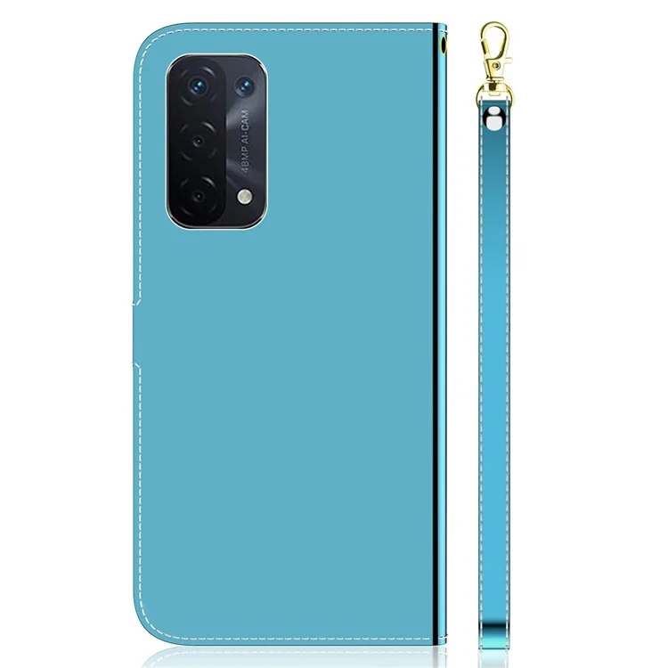 Portefeuille De Surface En Forme De Miroir Stand De La Conception De La Coquille De Téléphone De Téléphone Porcin Avec Une Sangle De Poignet Pour OPPO A74 / A93 5G / A54 5G - Bleu