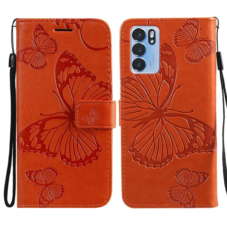 KT Imprinting Flower Series-2 Folio Flip Butterflies Imprinting Leather Wallet Case avec support pour Oppo Reno6 5G - Orange