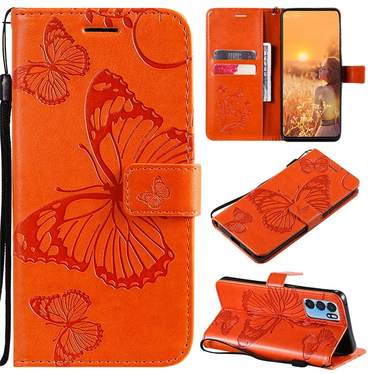 KT Imprinting Flower Series-2 Folio Flip Butterflies Imprinting Leather Wallet Case avec support pour Oppo Reno6 5G - Orange