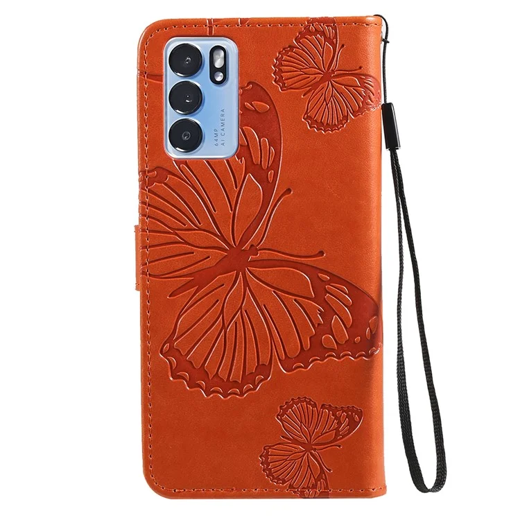 KT Imprinting Flower Series-2 Folio Flip Butterflies Imprinting Leather Wallet Case avec support pour Oppo Reno6 5G - Orange