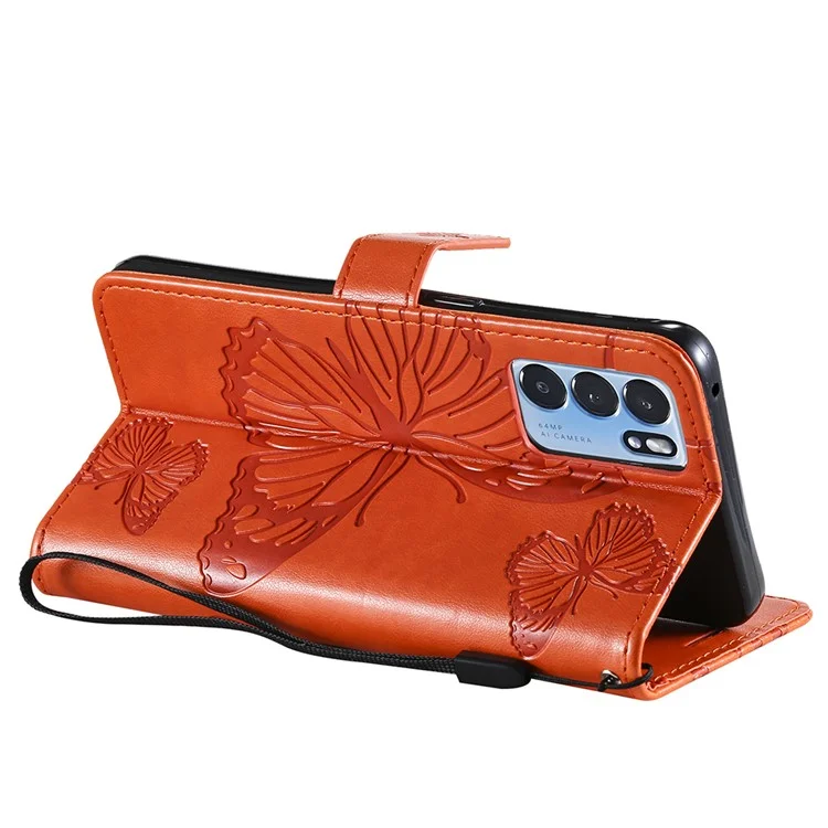 KT Imprinting Flower Series-2 Folio Flip Butterflies Imprinting Leather Wallet Case avec support pour Oppo Reno6 5G - Orange
