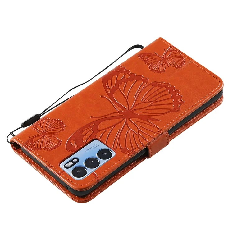 KT Imprinting Flower Series-2 Folio Flip Butterflies Imprinting Leather Wallet Case avec support pour Oppo Reno6 5G - Orange