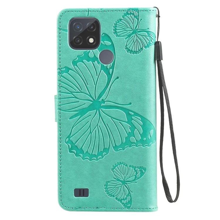 KT Imprinting Flower Series-2 Imprint Butterflies Wallet Stand Leather Flip Cover Protective Case with Handy Strap for Realme C21 - Green