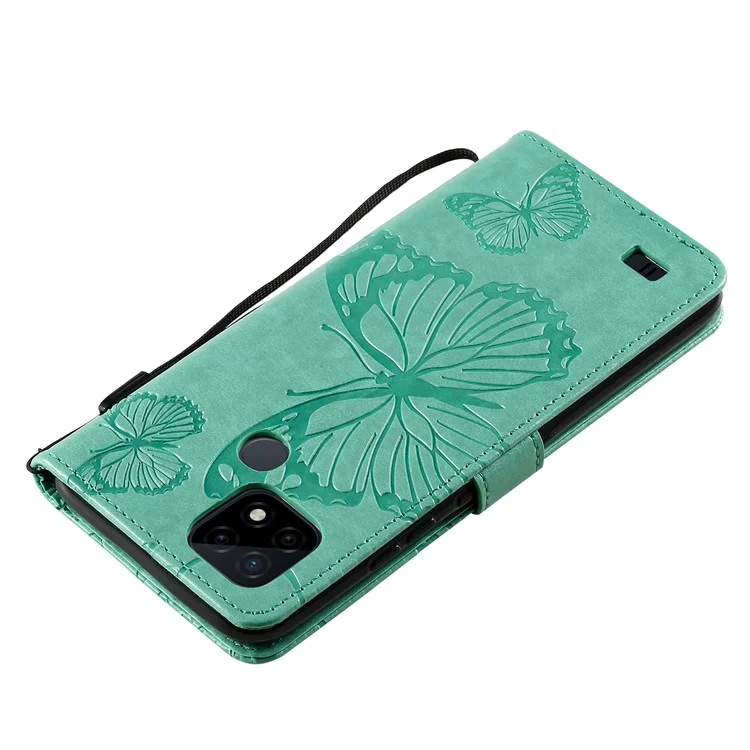 KT Imprinting Flower Series-2 Imprint Butterflies Wallet Stand Leather Flip Cover Protective Case with Handy Strap for Realme C21 - Green