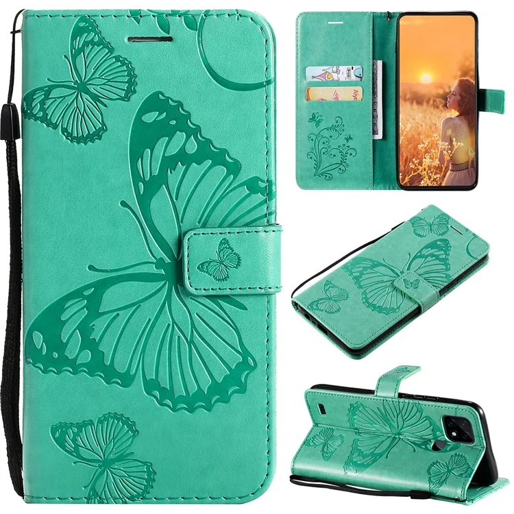 KT Imprinting Flower Series-2 Imprint Butterflies Wallet Stand Leather Flip Cover Protective Case with Handy Strap for Realme C21 - Green