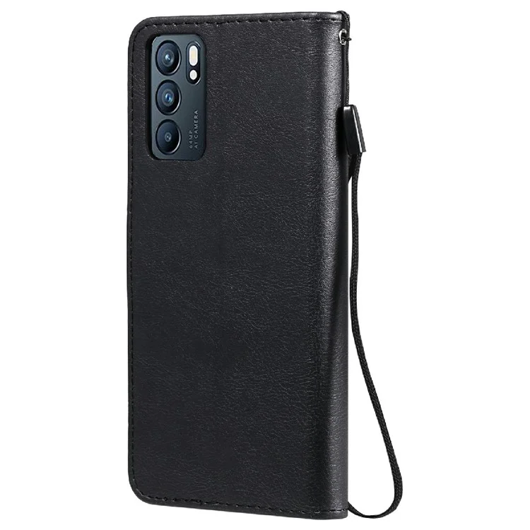 For Oppo Reno6 5G Case Solid Color Leather Mobile Cover Wallet Stand with Strap - Black