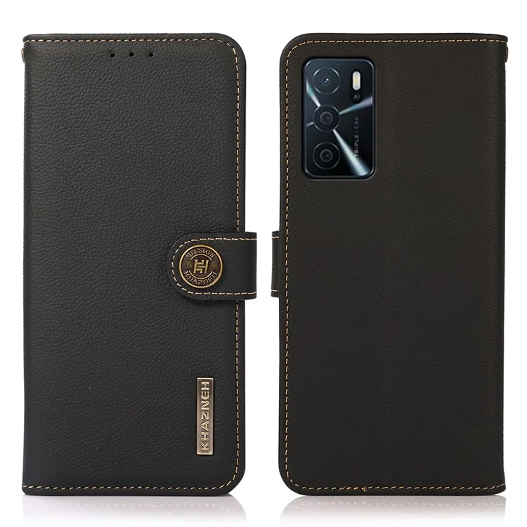 KHAZNEH Genuine Leather Wallet Stand Phone Case with Anti-theft Swiping Design for Oppo A16/A16s/A54s - Black