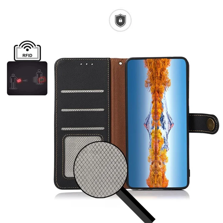 KHAZNEH Genuine Leather Wallet Stand Phone Case with Anti-theft Swiping Design for Oppo A16/A16s/A54s - Black