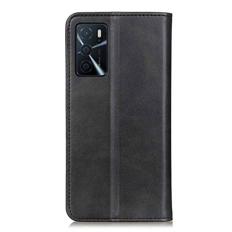 Full Protective Auto-absorbed Split Leather Wallet Phone Shell with Stand for Oppo A16/A16s/A54s - Black