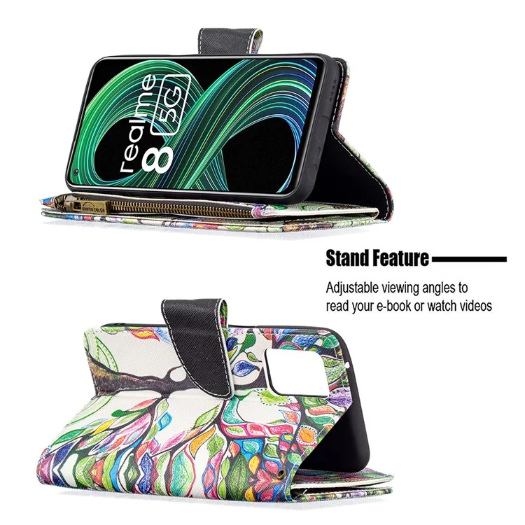 Custodia in pelle per telefono con cerniera, supporto e stampa a motivi per Realme 8 5G/V13 5G/Narzo 30 5G - Albero Colorato