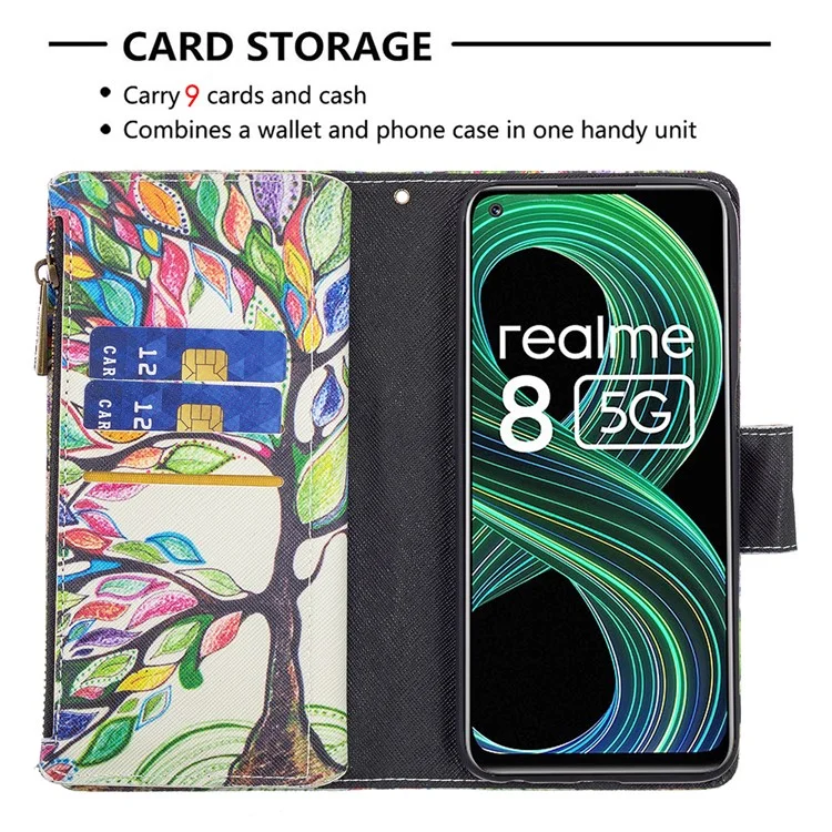 Custodia in pelle per telefono con cerniera, supporto e stampa a motivi per Realme 8 5G/V13 5G/Narzo 30 5G - Albero Colorato