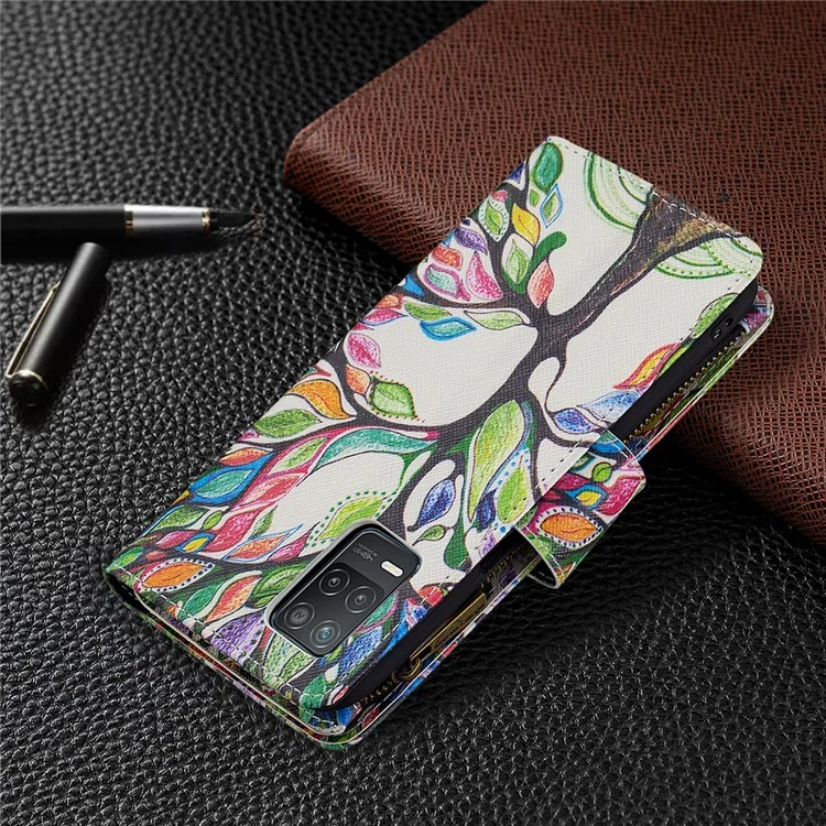 Custodia in pelle per telefono con cerniera, supporto e stampa a motivi per Realme 8 5G/V13 5G/Narzo 30 5G - Albero Colorato