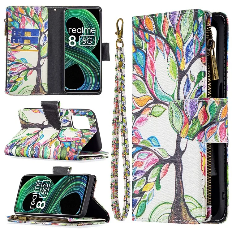 Custodia in pelle per telefono con cerniera, supporto e stampa a motivi per Realme 8 5G/V13 5G/Narzo 30 5G - Albero Colorato
