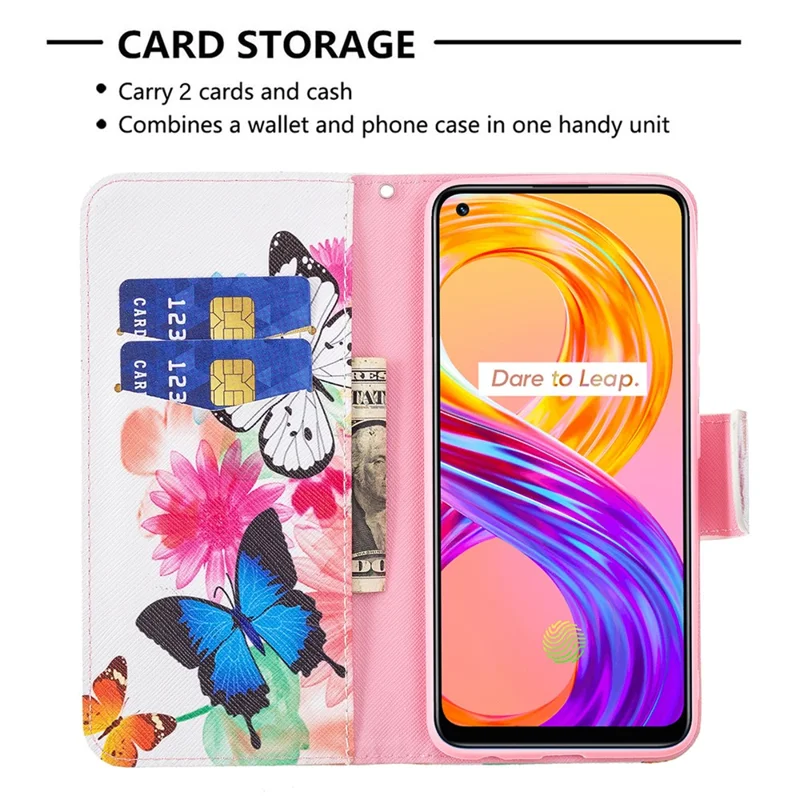 Wallet Design Anti-Drop Pattern Printing Magnetic Leather Stand Case for Realme 8/8 Pro - Vivid Butterflies