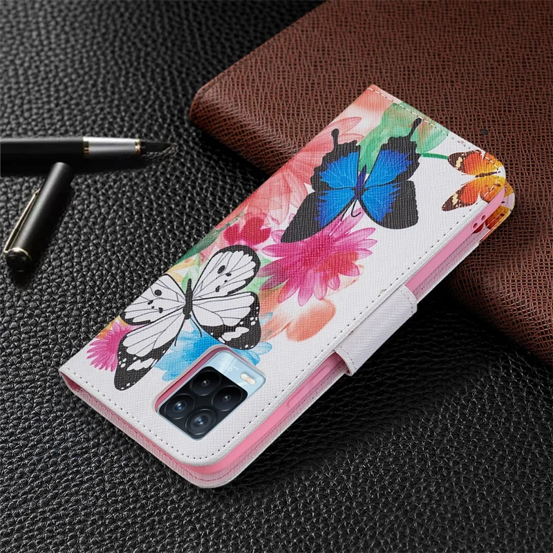 Wallet Design Anti-Drop Pattern Printing Magnetic Leather Stand Case for Realme 8/8 Pro - Vivid Butterflies