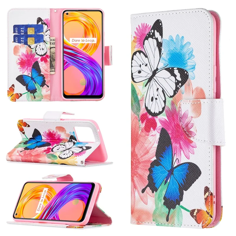 Wallet Design Anti-Drop Pattern Printing Magnetic Leather Stand Case for Realme 8/8 Pro - Vivid Butterflies