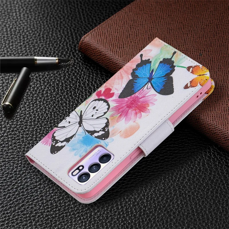 Pattern Printing Drop-Resistant Magnetic Leather Wallet Case with Stand for Oppo Reno6 5G - Vivid Butterflies