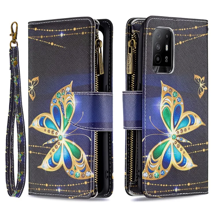 Zippered Wallet Leather Stand Phone Cover with Pattern Printing for Oppo Reno5 Z 5G / F19 Pro+ 5G / A94 5G - Crystal Butterfly