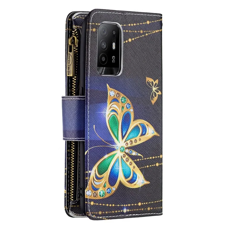 Zippered Wallet Leather Stand Phone Cover with Pattern Printing for Oppo Reno5 Z 5G / F19 Pro+ 5G / A94 5G - Crystal Butterfly