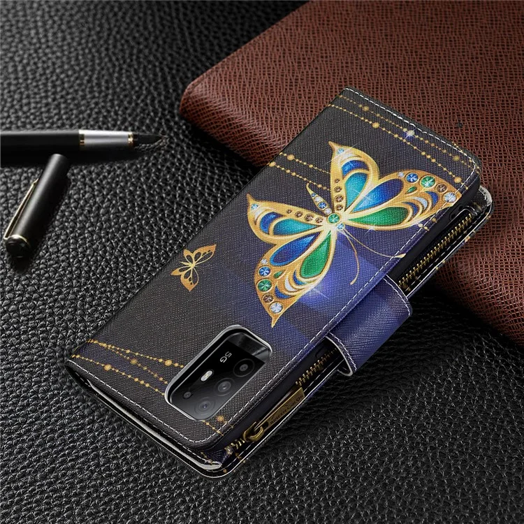 Zippered Wallet Leather Stand Phone Cover with Pattern Printing for Oppo Reno5 Z 5G / F19 Pro+ 5G / A94 5G - Crystal Butterfly