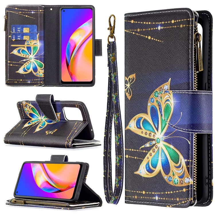 Zippered Wallet Leather Stand Phone Cover with Pattern Printing for Oppo Reno5 Z 5G / F19 Pro+ 5G / A94 5G - Crystal Butterfly