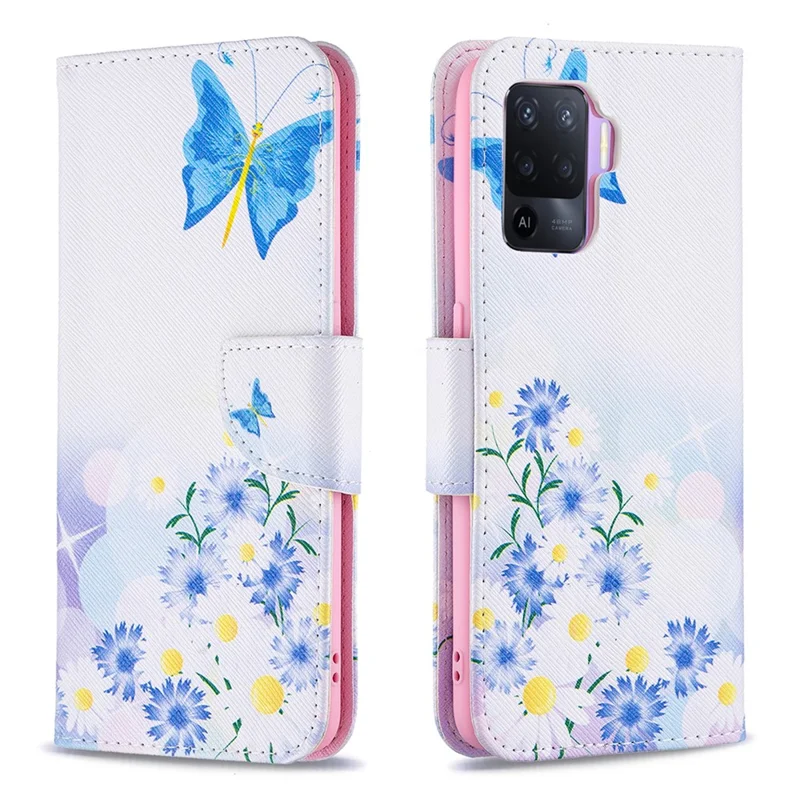 Pattern Printing Leather + Soft TPU Inner Case with Wallet Stand for Oppo A94/Reno5 F/F19 Pro - Blue Butterflies and Flowers
